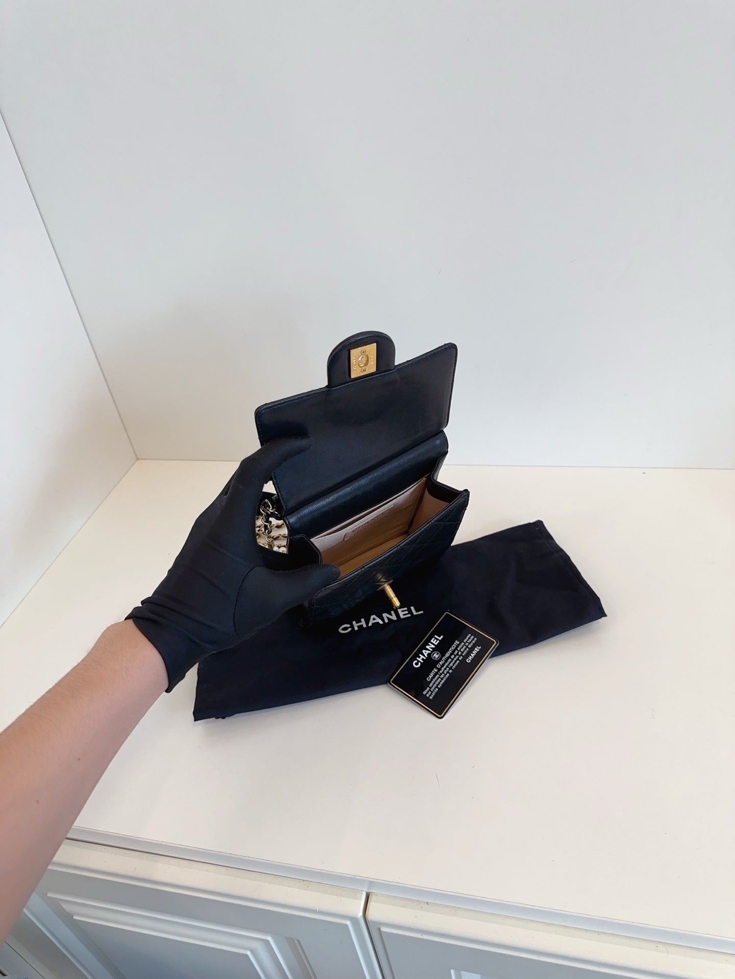 CHANEL Mini Vertical Flap Bag with Pearl Chain - Black & Gold-Tone Hardware
