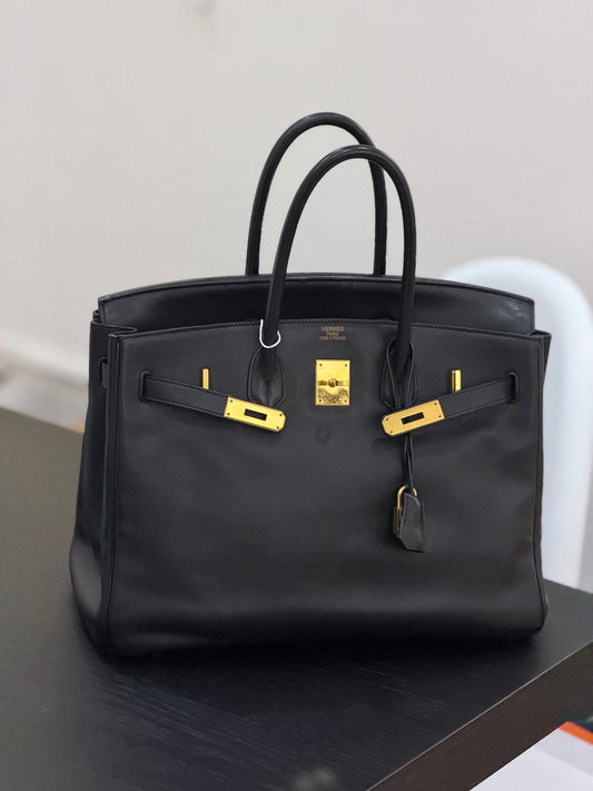 Hermès Birkin 35 in Black Evergrain Leather with Gold Hardware - Stamp L - Pre-Owned