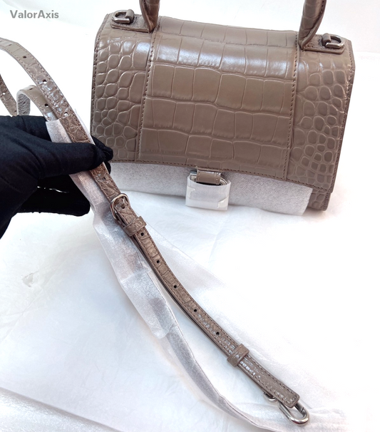 Balenciaga Croc-Embossed Hourglass Bag Top Handle Shoulder Bag Milk Tea Gray