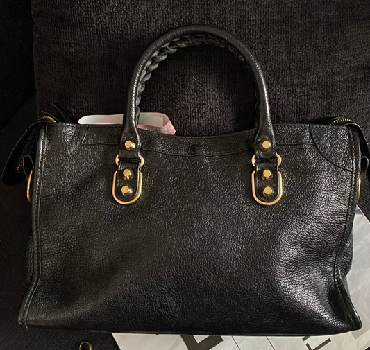 Balenciaga City 2Way Top Handle Bag Crossbody Black Gold Women Classic
