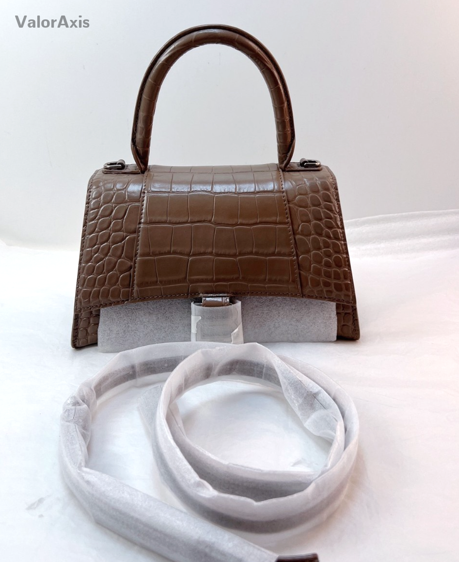 Balenciaga Croc-Embossed Hourglass Bag Top Handle Shoulder Bag Milk Tea Gray