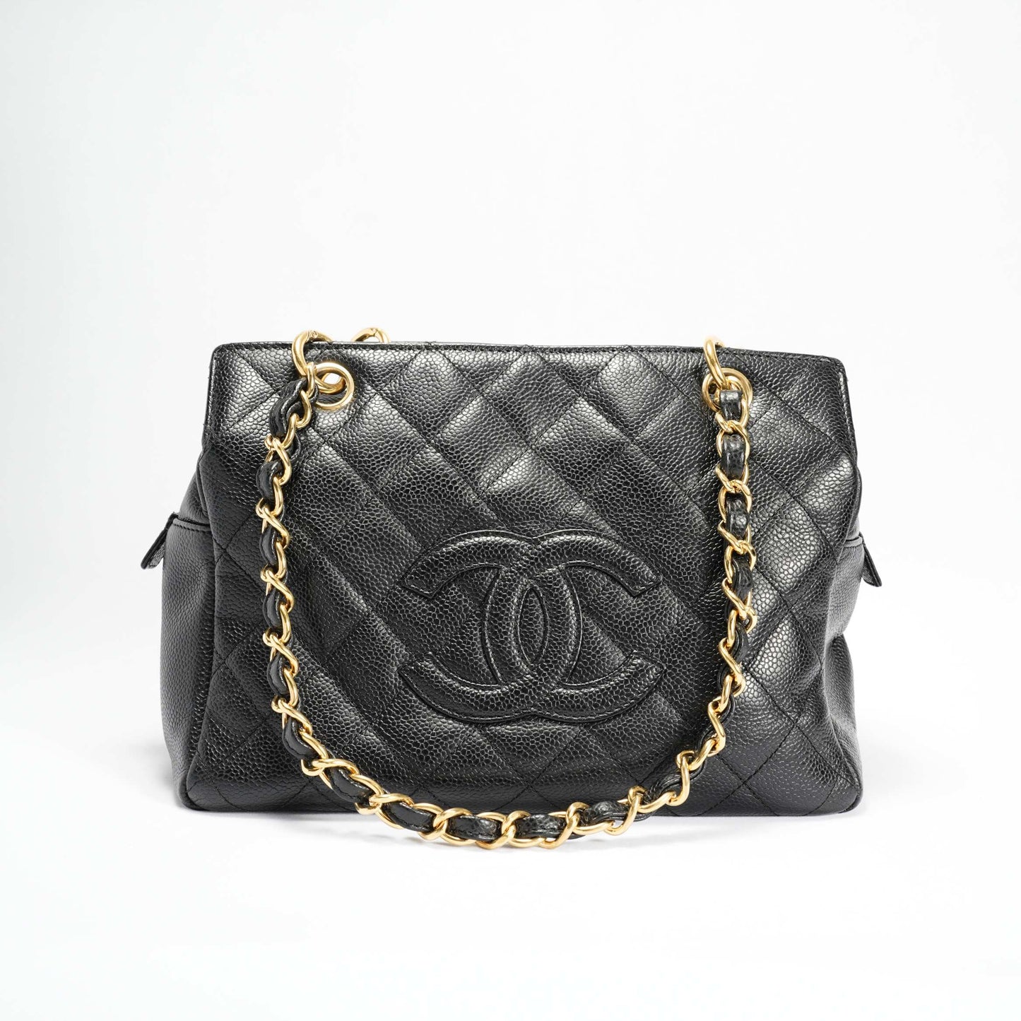 Chanel Patent Pouch Tote in Black Pebbled Leather with Gold-Tone Hardware