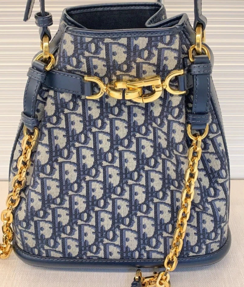Christian Dior Monogram Blue Gold Drawstring bucket shoulder bag with DUST BAG
