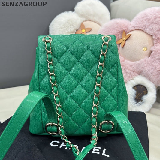 Chanel Duma PM Calfskin Chain Backpack Green Gold Diamond Women Classic