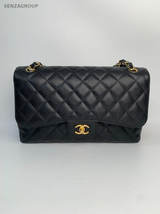 25110201 CHANEL Carviar leather/Gold-Tone Double Flap Bag for Women - Black