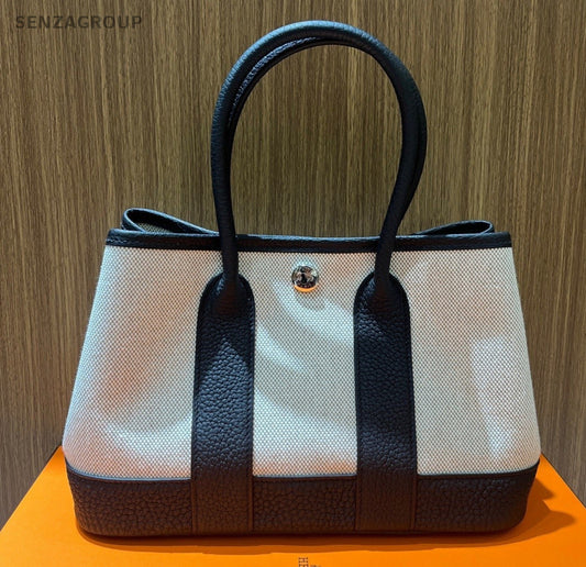 Hermes Garden Party Mini Top Handle Bag White Black Silver Used Women Classic