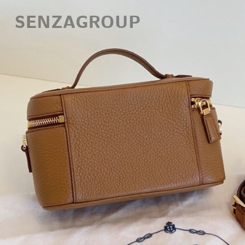 Prada Calfskin Leather 2Way Top Handle Bag Crossbody Brown Gold Women Classic