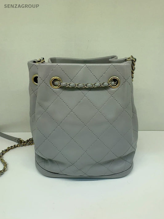 CHANEL Bucket Drawstring Calfskin Chain Shoulder bag Crossbody Gray Gold Women