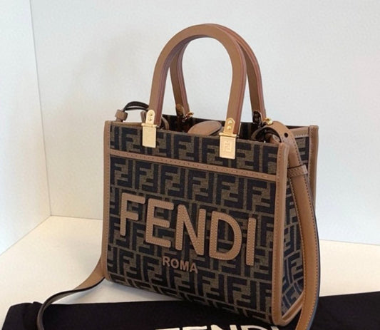 Fendi Sunshine Tote PM Monogram Top Handle Shoulder Bag Brown Almost Brand New