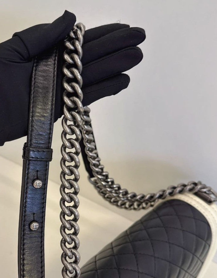 Chanel Leboy MM Lambskin Chain Shoulder Bag Black White Women Classic Diamond