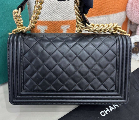Chanel Leboy MM Lambskin Chain Shoulder Bag Black Gold Diamond Women Classic