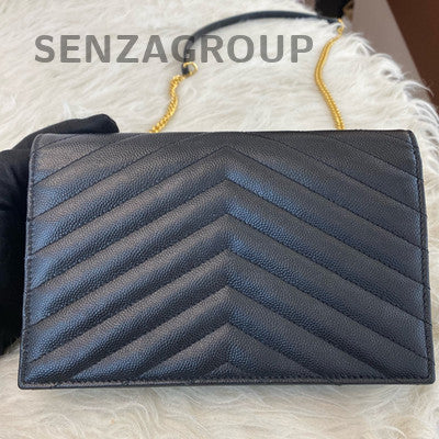 Saint Laurent Black Gold Grained Leather Chain Shoulder Crossbody Bag Classic