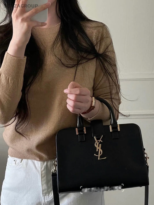 YSL Saint Laurent Cabas PM Boston Top Handle 2way Shoulder Handbag Black Gold