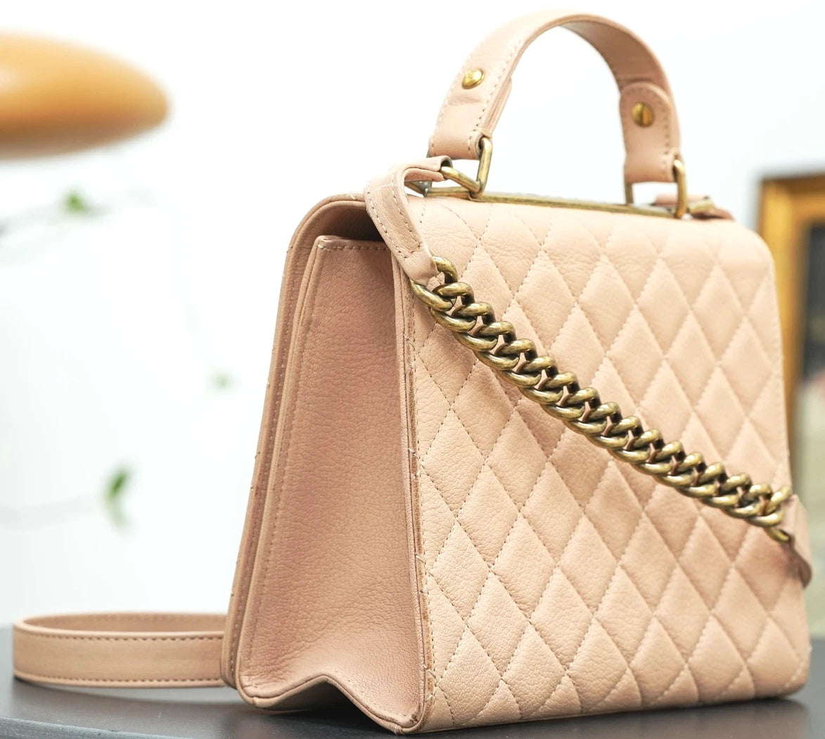 CHANEL Top Handle Diamond pattern Handbag Pink Gold Shoulder bag