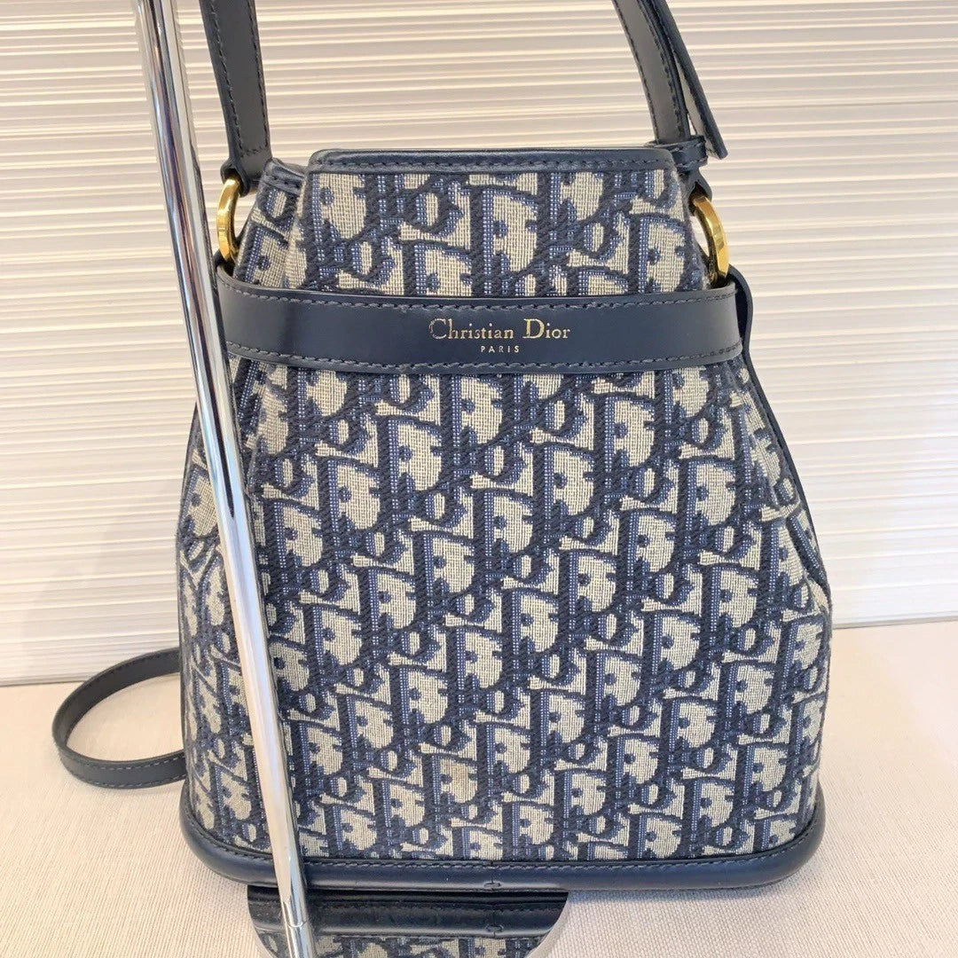 Christian Dior Monogram Blue Gold Drawstring bucket shoulder bag with DUST BAG