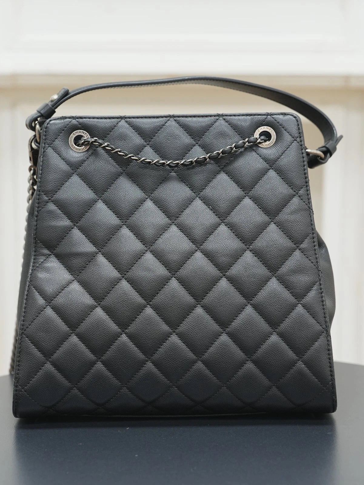 CHANEL CC Top Handle Diamond pattern Chain Shoulder bag Black Silver Women