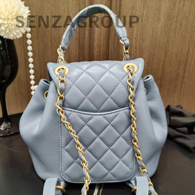Chanel Quilted Chain Backpack Blue Gold Hardware Classic Fashion Women