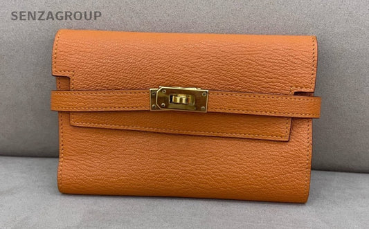 Hermes Kelly Long Wallet Lambskin Orange Gold Women