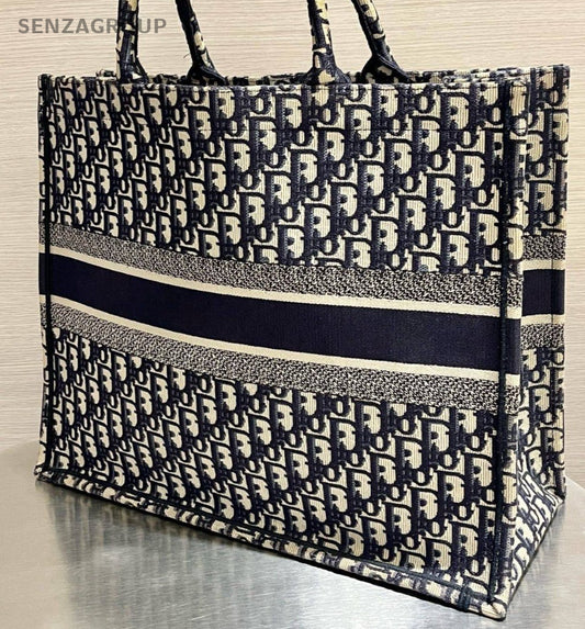Christian Dior Book Oblique Tote Handbag Beige Blue Used Women Classic