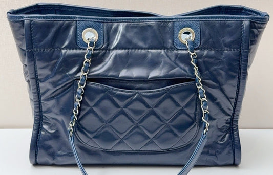 Chanel Cambon Calfskin Chain Shoulder Bag Blue Silver Used Women Classic