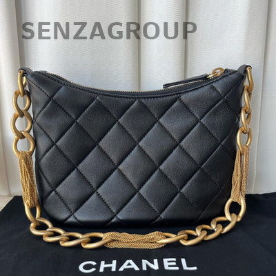 Chanel Black Gold Tassel Hobo Small Quilted Chain Shoulder Bag Classic