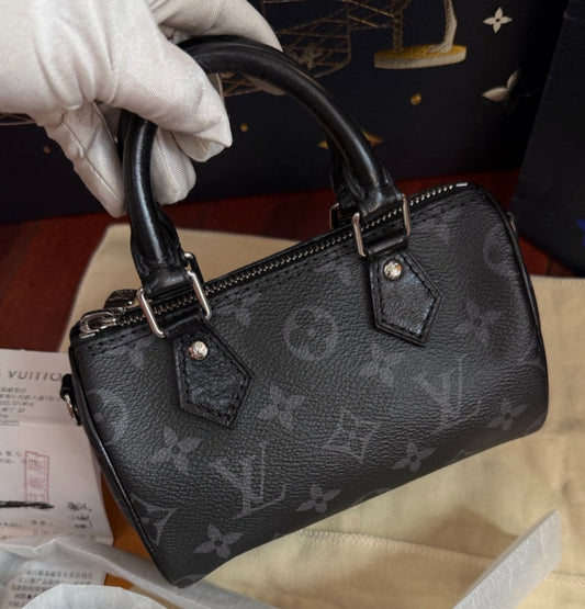 Louis Vuitton Speedy Nano Monogram Top Handle Crossbody Black Silver Women