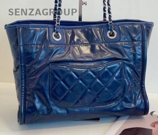Chanel Calfskin Tote Chain Shoulder Bag Blue Silver Used Women Classic