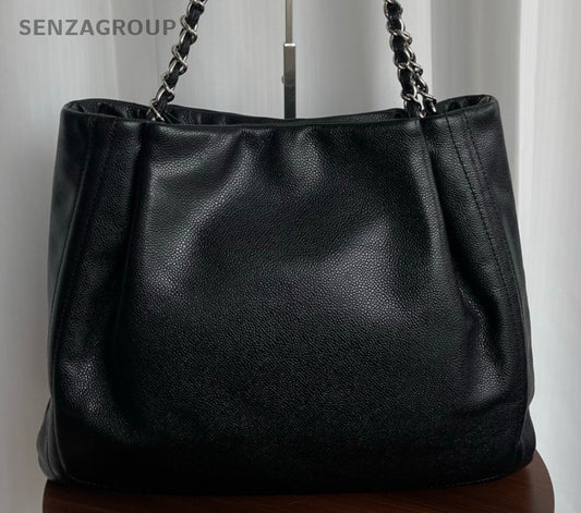 Chanel CC Logo Tote Calfskin Shoulder Bag Black Silver Used Women Classic