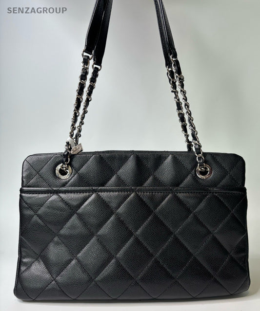 Chanel GST CC Logo Chain Calfskin Tote Shoulder Bag Black Silver Women Classic