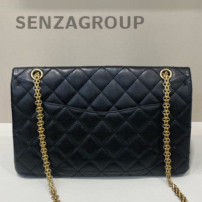 Chanel Large Caviar Leather Chain Shoulder Bag Black Gold Classic Quilted