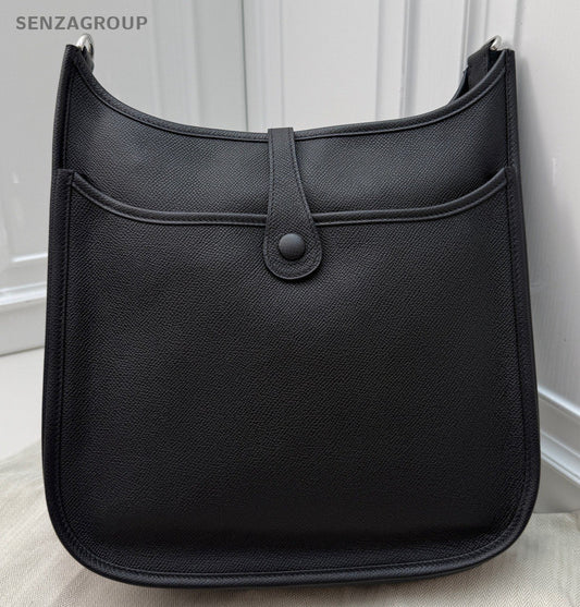 HERMES Evelyne Epsom Leather Shoulder Bag Crossbody Black Silver Used Women