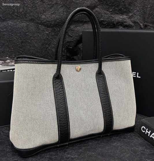 Hermes Garden Party30 Top Handle Bag White And Black Used Women Classic