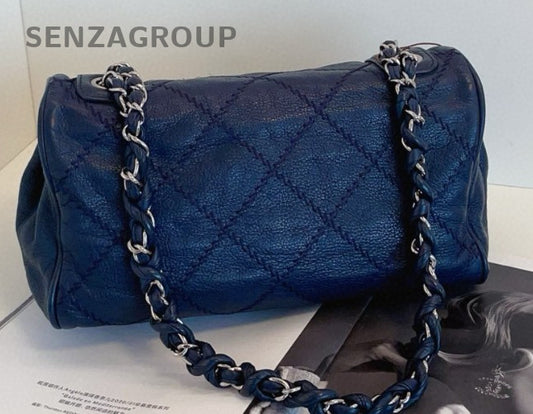 Chanel Classic Flap Chain Calfskin Shoulder Bag Blue Silver Diamond Women