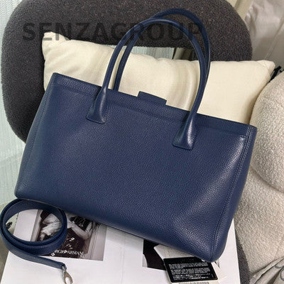 Chanel Medium Blue Silver Calfskin Tote Shoulder Bag Classic Women