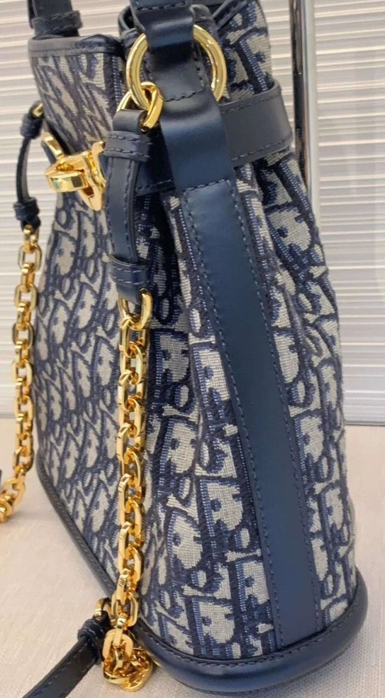 Christian Dior Monogram Blue Gold Drawstring bucket shoulder bag with DUST BAG
