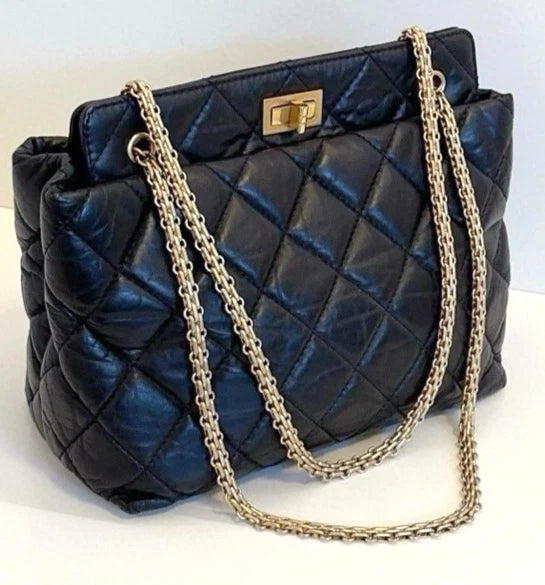CHANEL 2.55 Black Gold Oil wax leather Shoulder Handbag Classic Small