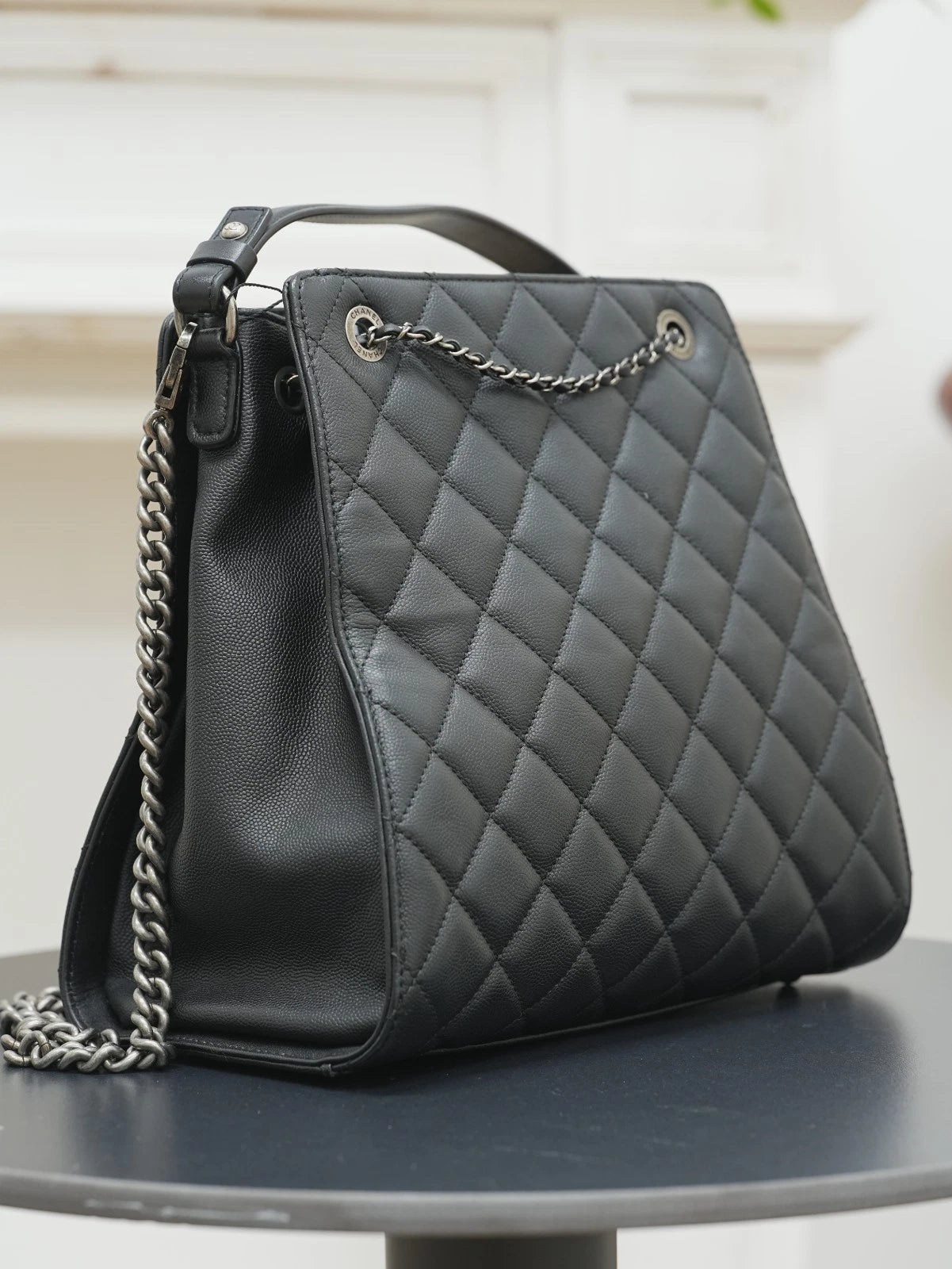 CHANEL CC Top Handle Diamond pattern Chain Shoulder bag Black Silver Women