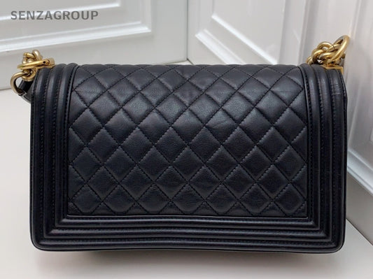 Chanel Leboy Chain Calfskin Shoulder Bag Black Gold Women Classic Diamond