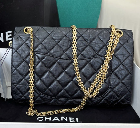 Chanel 2.55 MM Chain Shoulder Bag Crossbody Black Gold Women Classic