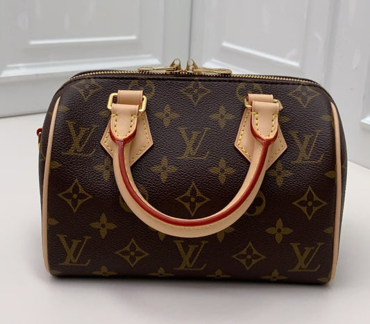 Louis Vuitton Speedy20 Monogram Top Handle Bag Crossbody Brown Gold Used Women