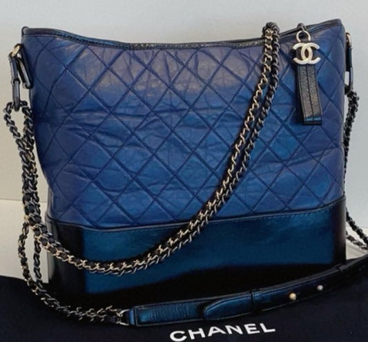 Chanel Gabrielle Maxi Chain Shoulder Bag Blue Silver Unisex Adults Classic