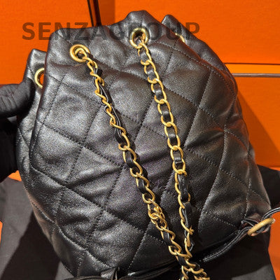 Chanel 25S Black Gold Chain Drawstring Backpack Quilted Women Fashion