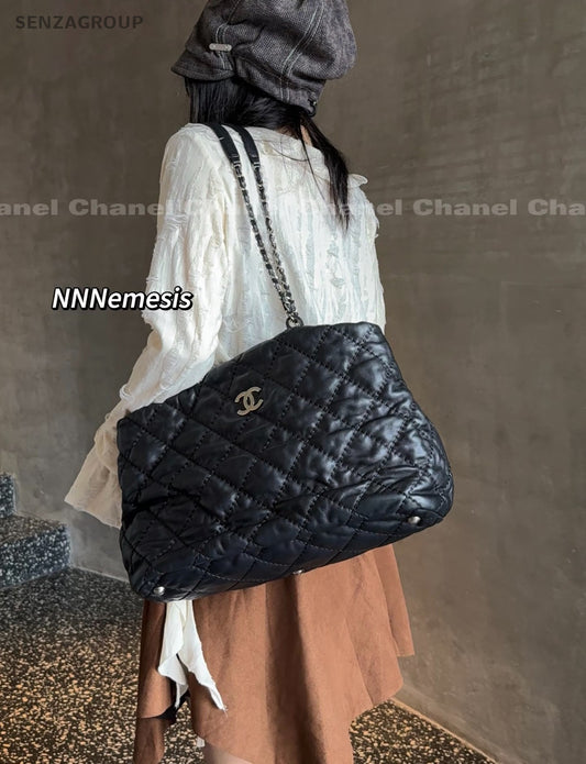 CHANEL Puffer Tote Calfskin Chain Shoulder bag Black Silver Women Classic