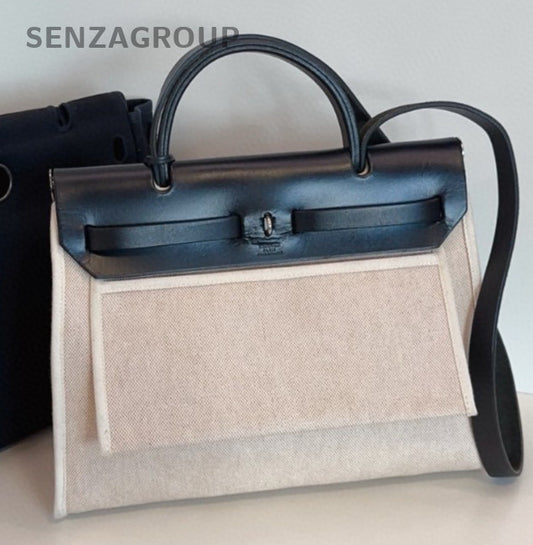 Hermes Herbag Canvas Top Handle Bag Crossbody White Black Women Classic Vintage