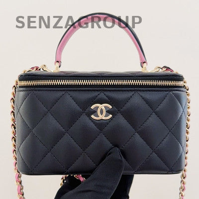 Chanel Black Pink Gold Hardware Lambskin Long Box Cosmetic Chain Crossbody Bag