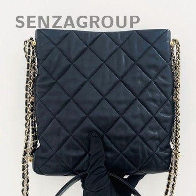 Chanel Black Lambskin Double Chain Pearl Hobo Tote Bag Quilted