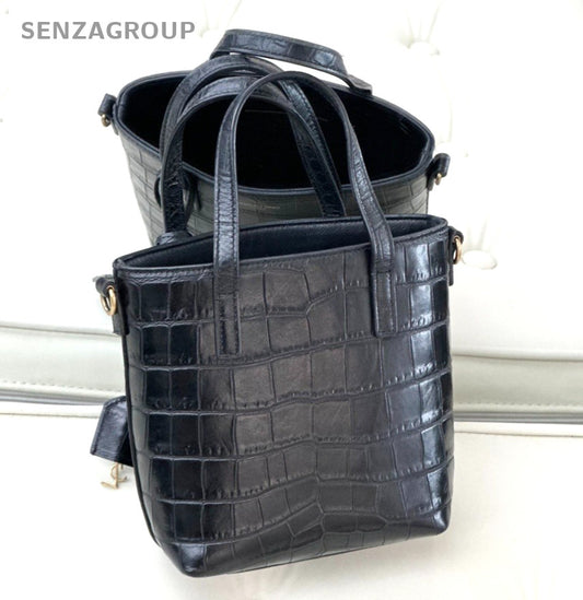 YSL Saint Laurent Embossed Calfskin Top Handle Shoulder Tote Bag Women Black