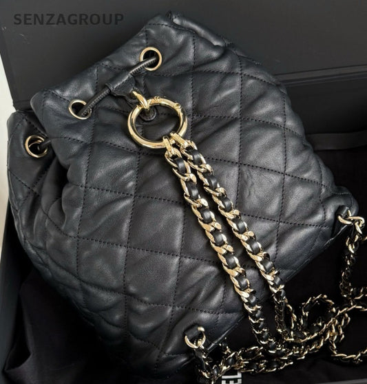 Chanel 23B Diamond Chain Drawstring Backpack Black Gold Women Classic Fashion