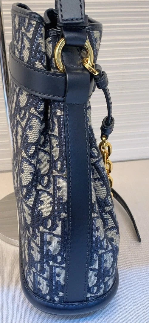 Christian Dior Monogram Blue Gold Drawstring bucket shoulder bag with DUST BAG