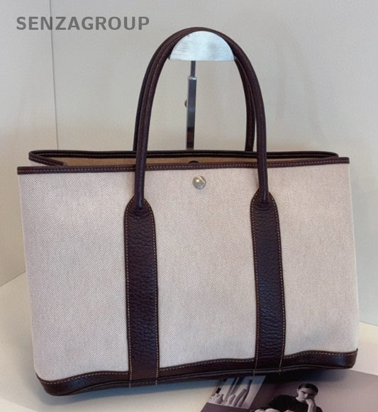 Hermes Garden Party36 Top Handle Bag Brown White Silver Women Classic